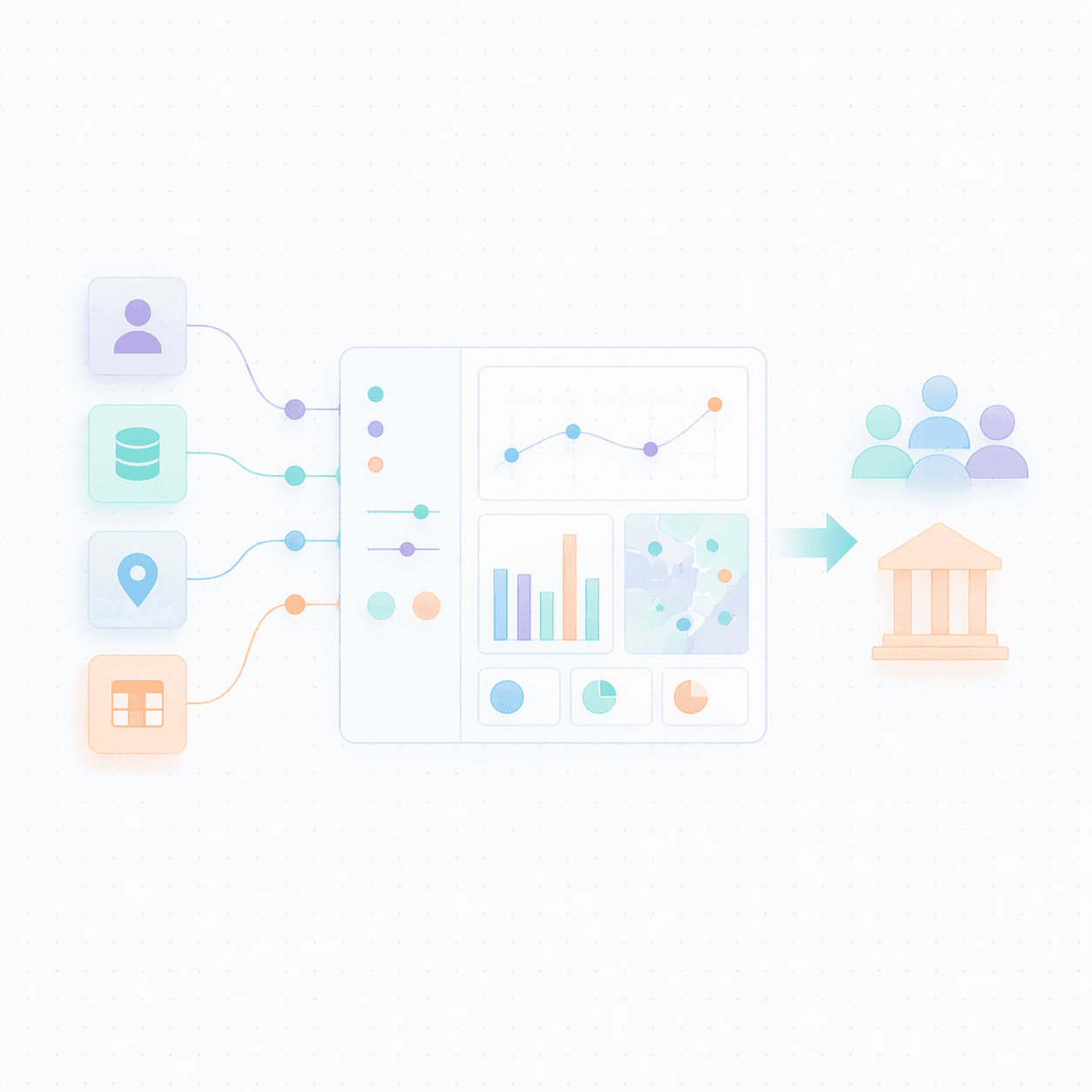 Abstract dashboard and decision-support illustration connecting data inputs to public stakeholders.